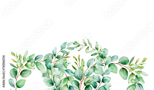 watercolor floral frame with eucalyptus green leaves and branch on transparent backgrund, hand draw, for wedding invitation, greeting and design template