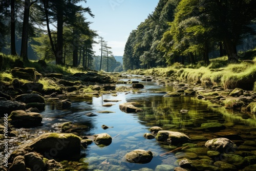 Water flows through forest rocks, trees line riverbank