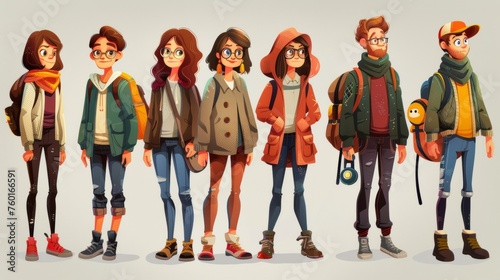 A group of cartoon characters with different clothing and accessories, AI