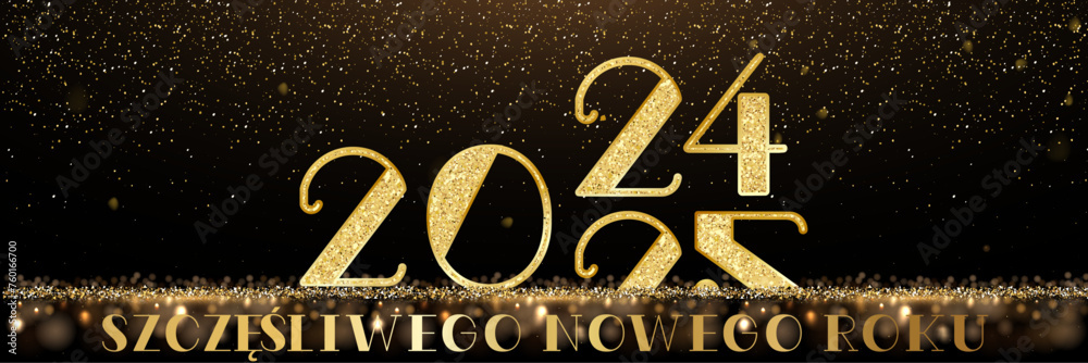 karta lub baner z życzeniami Szczęśliwego Nowego Roku 2025 w złocie na czarnym tle ze złotymi kółkami z brokatem i efektem bokeh oraz przejściem roku 2024 do roku 2025 - obrazy, fototapety, plakaty 