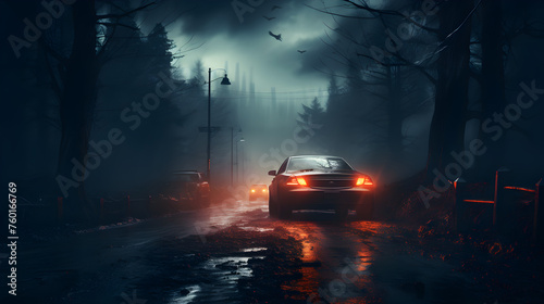 Escape car. Midnight road or alley with a car driving away in the distance. Wet hazy asphalt road or alley. crime, midnight activity concept