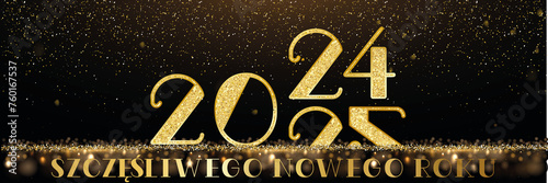 karta lub baner z życzeniami Szczęśliwego Nowego Roku 2025 w złocie na czarnym tle ze złotymi kółkami z brokatem i efektem bokeh oraz przejściem roku 2024 do roku 2025