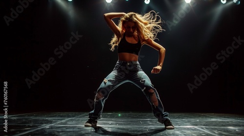 A woman dancing on stage in front of a spotlight, AI © starush