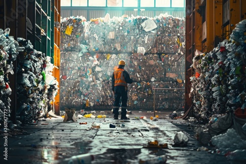 Photo of a waste recycling plant worker, a man in workwear and a helmet, against the backdrop of containers and racks with sorted garbage. Sorting, dirty work, environmental care.