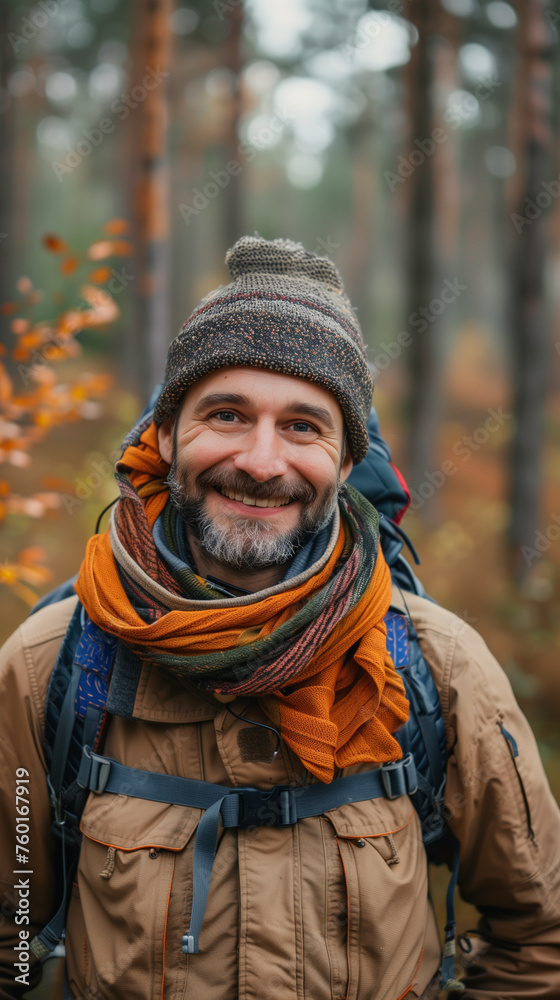 Portrait of one man nature lover or hiker in the forest woods