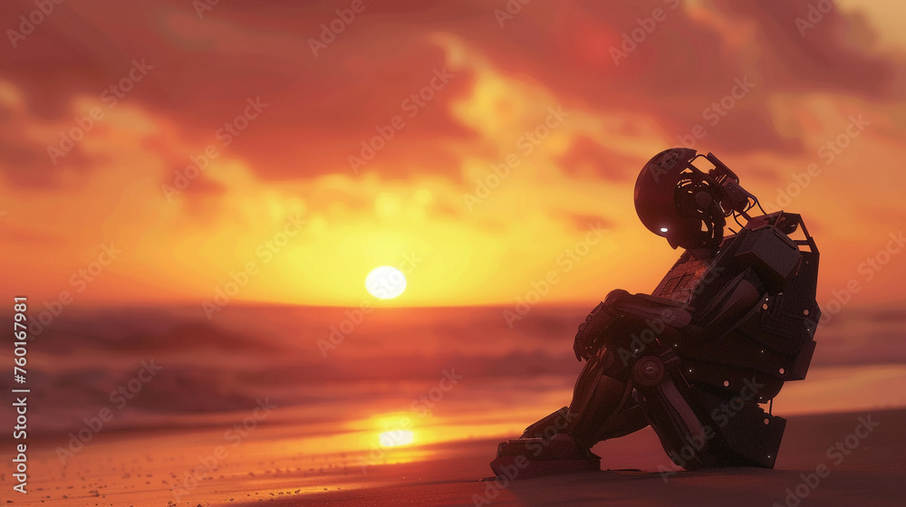 Fototapeta premium Visualize a robot sitting on the beach, playing guitar as the sun dips below the horizon, blending technology and nature