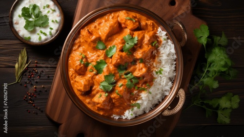 Mouthwatering Indian dish, Chicken Tikka Masala, served over basmati rice garnished with herbs in traditional copper bowl