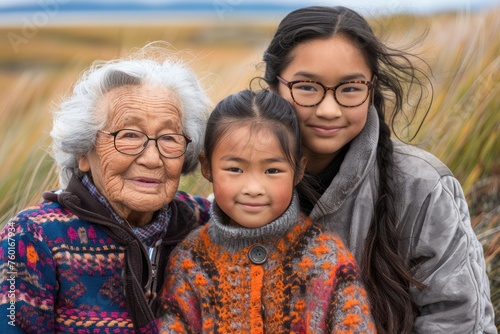 An elderly woman, a young girl, and a teenager pose together for a picture. © Neuraldesign