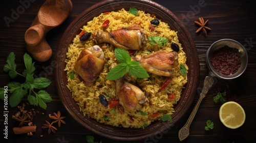 A traditional biryani with tender chicken pieces and aromatic spices served in a rustic earthenware bowl, garnished with herbs