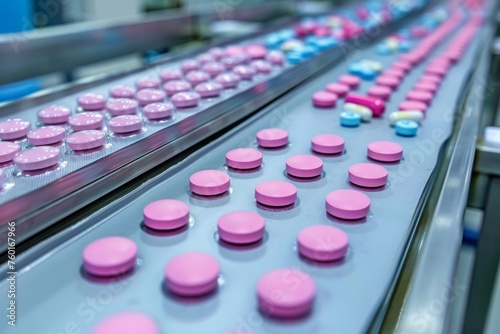 A modern pharmaceutical industry factory with a high-tech conveyor system efficiently processing and packaging various pills and drugs in a sterile environment.