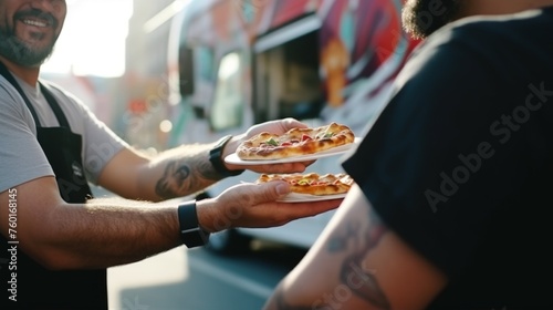 Close-up of hands sharing a slice of pizza with multiple toppings, symbolizing friendship and the culture of street food
