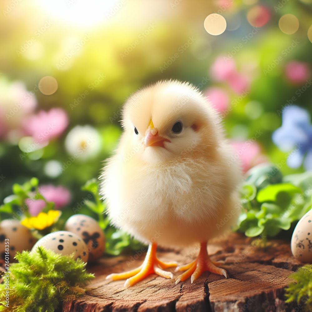 Sweet Adorable Cute Little Spring Baby Kid Easter Chick in Nature Green Grass Field and Flowers. A New Soft Fluffy Yellow & White Feather Funny Friend with an Orange Beak. Poultry Farming. Front View.