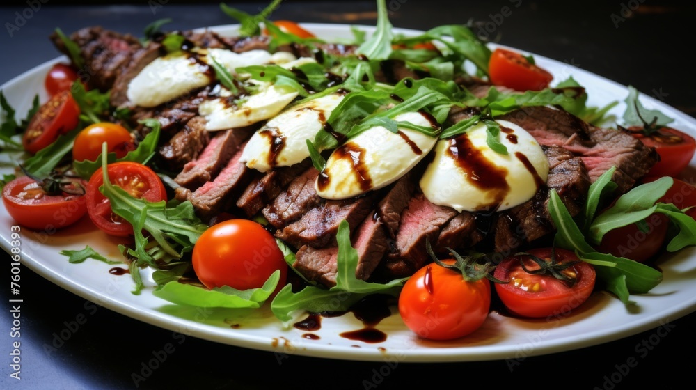 A mouthwatering plate featuring succulent steak slices paired with fresh cherry tomatoes and mozzarella on arugula