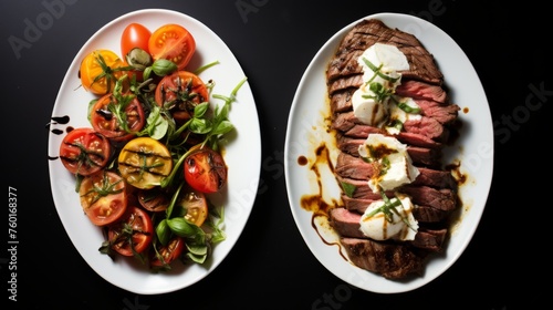 Sizzling grilled steak cut into slices, plated with an array of cherry tomatoes and leafy greens, drizzled with dressing