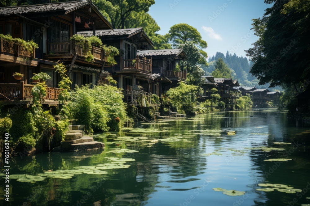 Houses by river with trees, water, and natural landscape