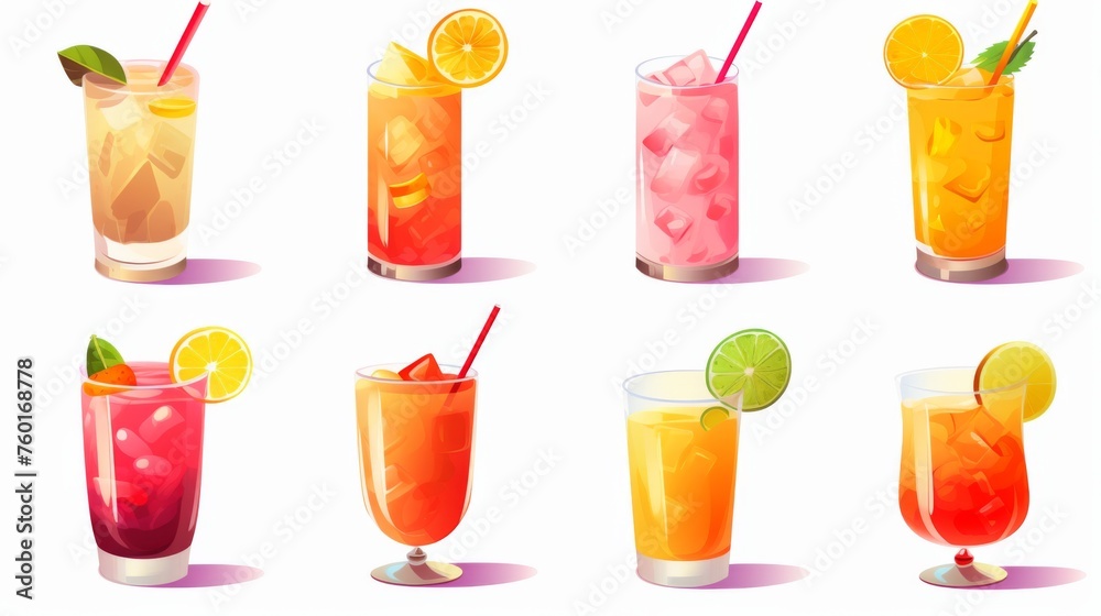 These are digitally illustrated images representing various refreshing fruit-based summer drinks