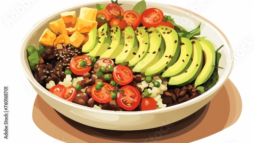 This digital artwork beautifully illustrates a bowl of fresh salad with mixed greens, avocados, tomatoes, and garnishes