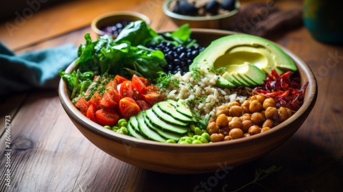 This warm, inviting photograph showcases a wooden bowl filled with a range of healthy ingredients, suggesting comfort and nourishment
