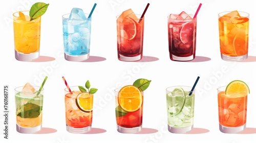 An array of digital illustrations showcasing a variety of cold summer beverages with fruits and ice