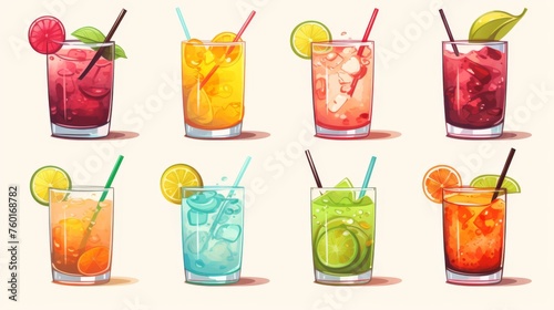 Collection of colorful and vibrant digital illustrations portraying different summer cocktails and drinks