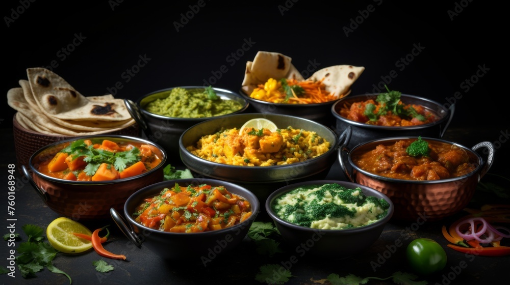 A colorful array of various Indian dishes beautifully arranged with condiments adding fresh flavor contrasts A colorful array of various Indian dishes beautifully arranged with condiments adding fresh flavor contrasts