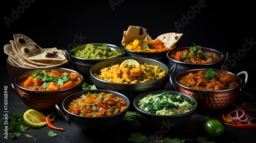 A colorful array of various Indian dishes beautifully arranged with condiments adding fresh flavor contrasts