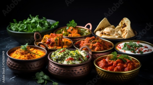 A delicious spread of Indian cuisine served in a variety of dishes, highlighting the rich spices and garnishes
