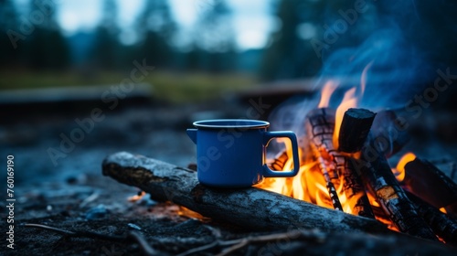 A blue enamel mug sits by a warm campfire with gentle flames, invoking feelings of comfort and adventure