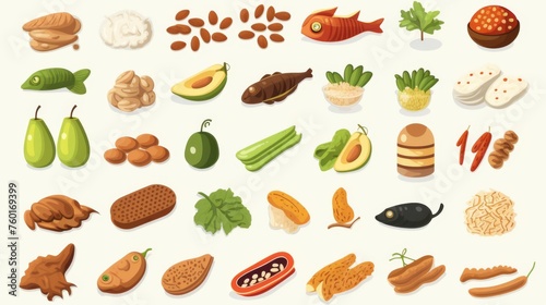 A neatly organized flat design of nutritious food items including nuts, fish, and fresh produce