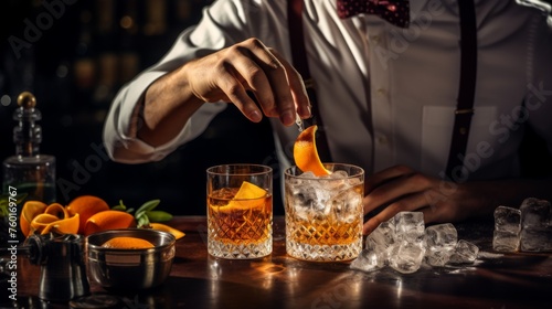 A bartender finalizes a cocktail with a deft addition of orange zest  with precisely placed ice and tools completing the precise  inviting composition