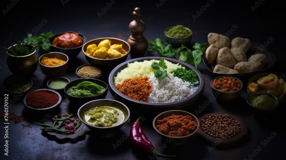 An assortment of Indian dishes meticulously arranged on dark, moody surface, showcasing the diverse and colorful food traditions