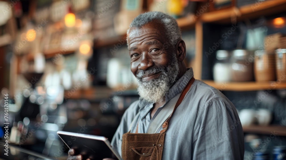 Obraz premium Portrait of a happy coffee shop worker with a tablet