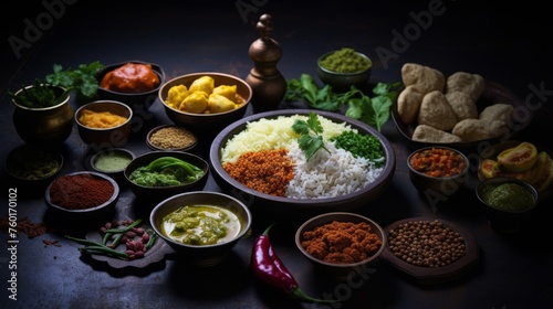 An assortment of Indian dishes meticulously arranged on dark, moody surface, showcasing the diverse and colorful food traditions
