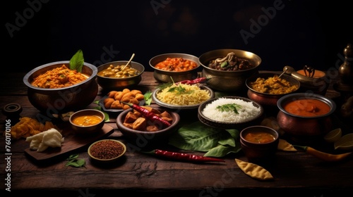 A warm, inviting array of Indian dishes displayed in an assortment light and dark vessels, accentuated by atmospheric lighting