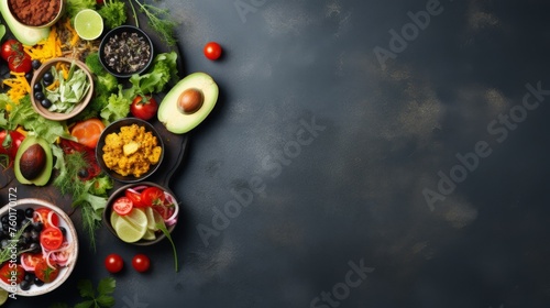 Fresh, organic vegetables and grains beautifully laid on a dark surface for a clean presentation © Major