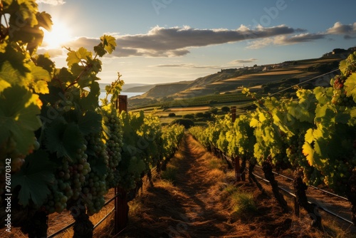 Sun setting behind vineyard with ripe grapes in natural landscape