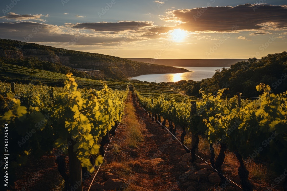 Sun setting over vineyard with lake, creating stunning natural landscape