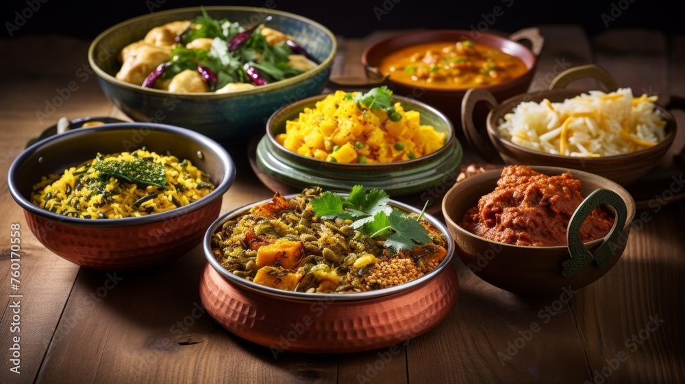An elaborate spread of Indian curries and rice showcasing the colorful gastronomy and intricate flavors of India An elaborate spread of Indian curries and rice showcasing the colorful gastronomy and intricate flavors of India