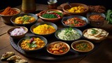 A delectable display of various Indian dishes served in bowls on a rustic wooden table, highlighting the vibrant colors and diversity of Indian cuisine