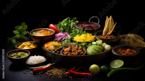 A collection of Indian meals and condiments aesthetically placed on a tray, inviting a sense of warmth and hospitality