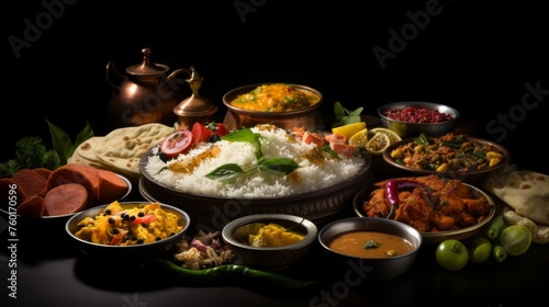 An exquisite display of Indian cuisine with multiple dishes emphasizing the rich, colorful food culture