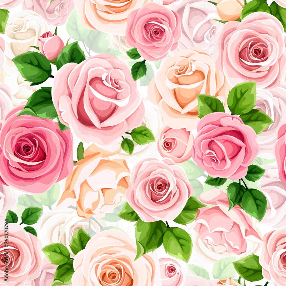 Floral seamless pattern with pink and white rose flowers and green leaves on a white background. Vector floral print Floral seamless pattern with pink and white rose flowers and green leaves on a white background. Vector floral print