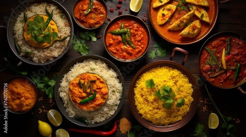 Variety of Indian dishes including curry and rice served on a rustic wooden table, featuring rich colors and spices