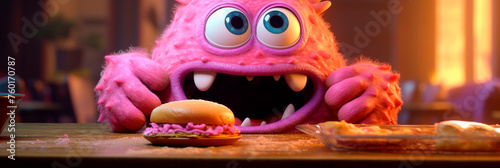 Funny pink baby monster sitting at burger joint table. Children's menu, snack photo