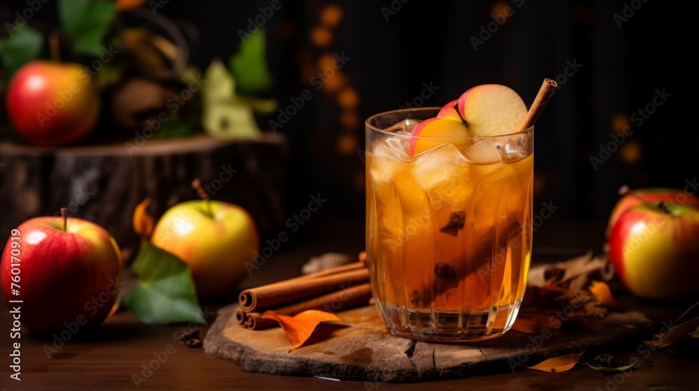 Refreshing iced apple cider adorned with fresh apple slices and a cinnamon stick in a rustic autumnal atmosphere Refreshing iced apple cider adorned with fresh apple slices and a cinnamon stick in a rustic autumnal atmosphere