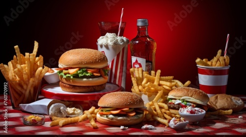 A delicious setup of burgers, fries, and desserts against a dramatic red backdrop emphasizing appetite and indulgence