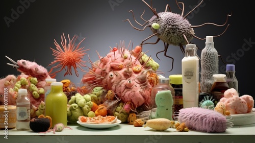 Colorful representation of microbes as various foods to symbolize contamination