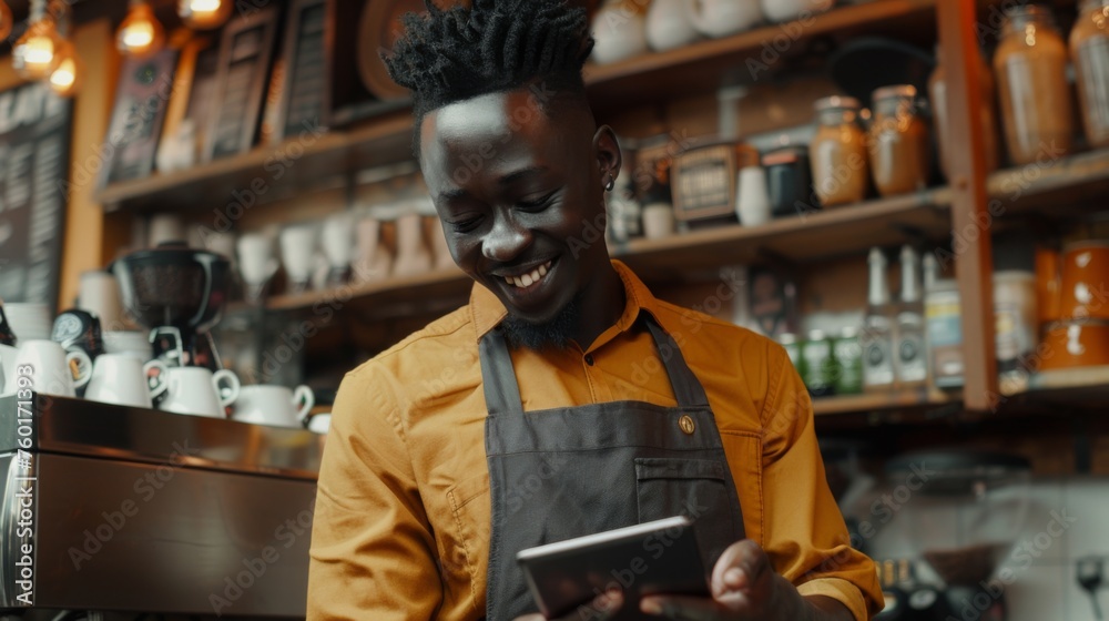 Portrait of a happy coffee shop worker with a tablet Portrait of a happy coffee shop worker with a tablet