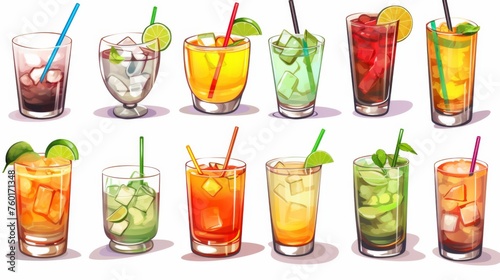 A set of colorful illustrated beverages in glasses with different garnishes, depicting cool refreshment on a warm day
