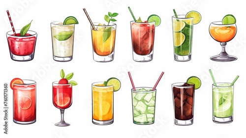 These hand-drawn images present a variety of cocktails capturing the joy of social gatherings and celebrations